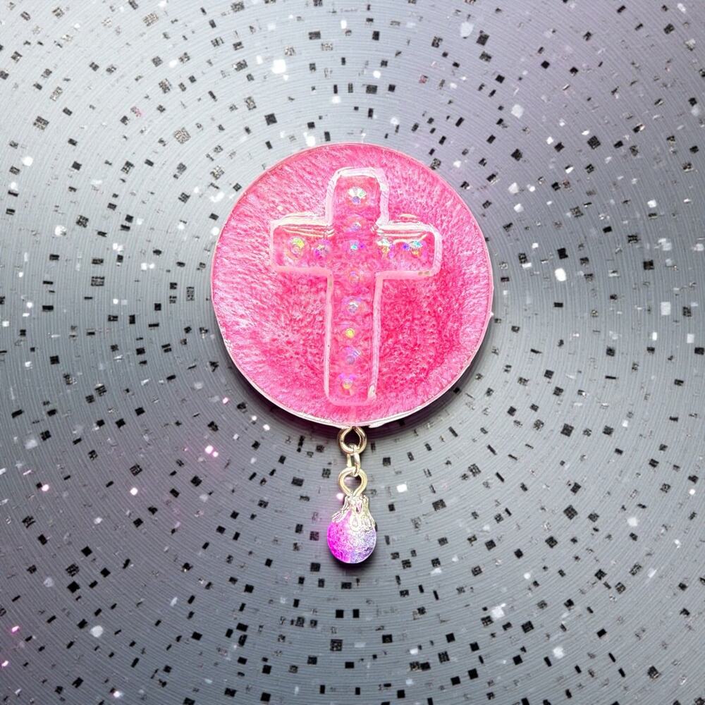 Handmade Resin Cross Magnet Faith Christian Gift Pink Rhinestone Cross w/ Bead - Picture 3 of 4
